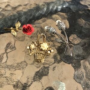 Three Flower Brooches Gold, Silver, Red, Pearl